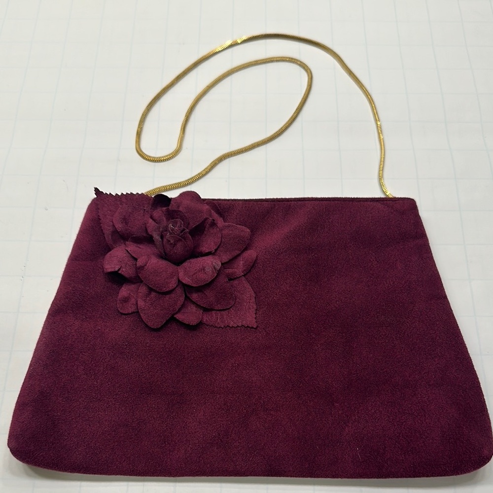 Vintage 70s REVA Ultra Suede Clutch Bag Floral Appliqué Gold Snake Chain Disco